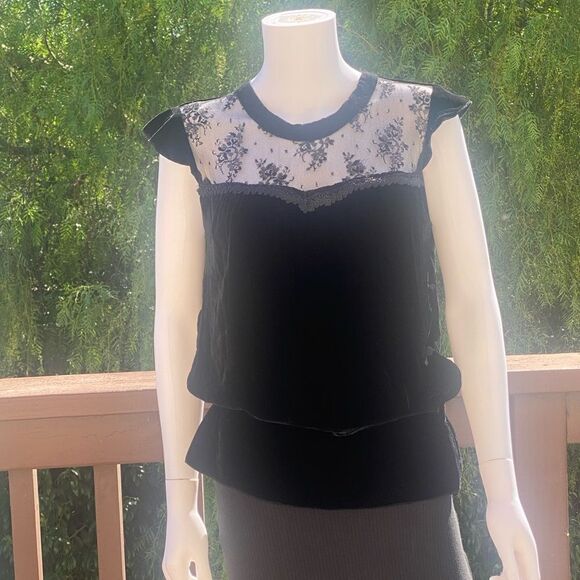 Black Velvet Cap Sleeve Top with Lacy Embroidered Neckline. Size Small. - Picture 1 of 7
